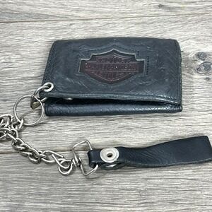 Vtg Harley Davidson Tri Fold Wallet With Chain Black With Grey Leather Biker